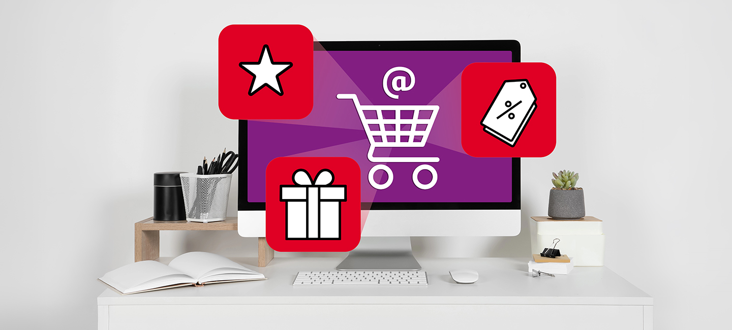 ecran de computador com carrinho de compras  3 3 icons- presente, estela e etiqueta