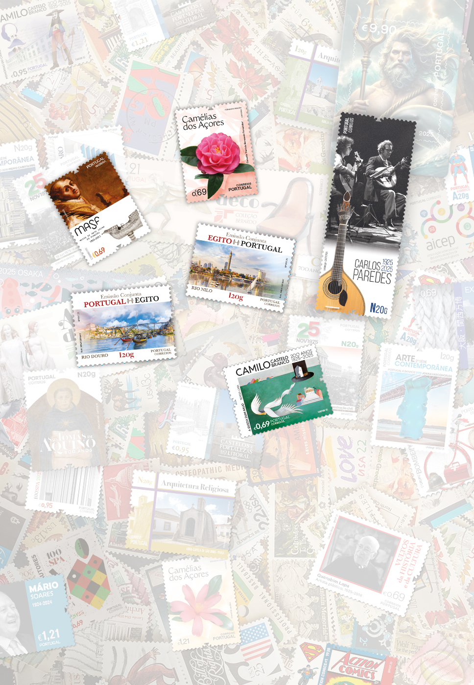 diversos selos e emissões lançados pelos CTT, especial Carlos Paredes - selo com guitarra portuguesa