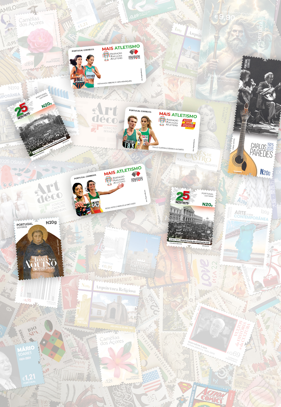 diversos selos e emissões lançados pelos CTT, especial Carlos Paredes - selo com guitarra portuguesa